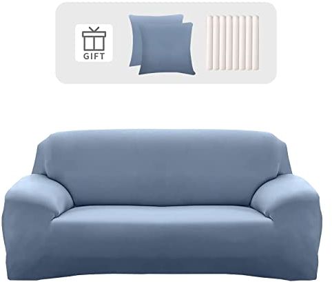 Lydevo Sofabezug 3 Sitzer Stretch Sofahusse Elastischer Sofabezug Spandex Sofa Überzug mit 2 Kissenbezug Anti-Rutsch Waschbar Sofa Protection Cover Schonbezug Couch,Blau Grau
