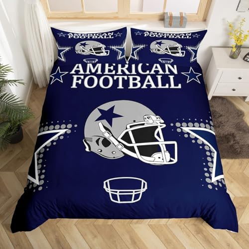 American Football Duvet Cover Set Queen Size Rugby Helmets Bedding Set 3pcs for Kids Boys Teens Men Bedroom Decor Ball Sports Gaming Comforter Cover Modern Grey Stars Print Quilt Cover,Navy Blue
