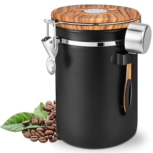 Royouzi Contenitore Per Chicchi Di Caffè, Contenitore In Acciaio Inossidabile 304 Con Valvola Di Scarico, Misurino, Barattolo Sigillante Multifunzionale Per Casa E Ufficio (Nero)