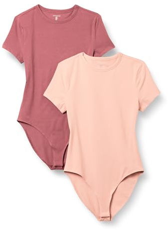 Amazon Essentials Women's Short Sleeve Crew Neck Stretch Cotton Jersey Slim-Fit T-Shirt Bodysuit, Pack of 2, Dusty Rose/Plum, XX-Large