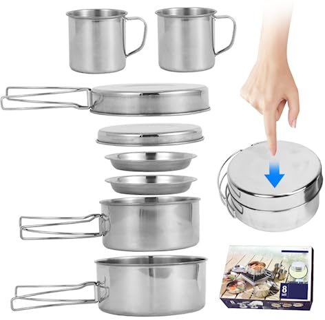 Stainless Steel Camping Cookware Mess Kit,Camping Cooking Set 8Pcs Stainless Steel Camping Cookware Portable Cooking Pot And Pan Set With Plates Cups For 5-6 Adults Outdoor Hiking Picnic Bbq