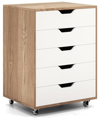 SFAREST Mobile File Cabinet, Lateral Stationery Vertical Rolling Filing Cabinet with Lockable Wheels, Wooden Under Desk Storage Cabinets for Home Office (Natural+ White, 5 Drawers)