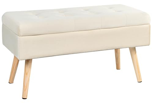 Hawthyhome Sitzbank mit Stauraum 80 × 35 × 43 cm, Sitztruhe mit Aufbewahrungsbox Truhenbank Samt Polsterbank mit Holzbeine für Flur Wohnzimmer Schlafzimmer Ivory