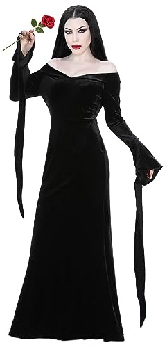 Velmawig Morticia Addams Costume da donna adulto elegante gotico Vintage Off Shoulder Abito per Addams Famiglia Costume da strega Cosplay con Rosa Accessori per Carnevale Tema Festa Abbigliamento