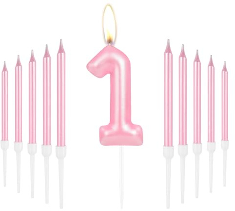Happy 1st Birthday Candles, Pink Long Stick Candles, Number 1 Candle, Birthday Candles for Cake, Candles Cake Cupcake Toppers for Girls Baby First Birthday Party 1st Wedding Anniversary Decorations