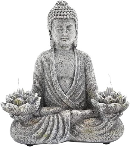 NASSMOSSE Statue de Bouddha en résine avec lumières de lotus solaires LED, imperméable, alimentée par énergie solaire, blanc, classique, religieux, pour jardin, patio, terrasse, porche