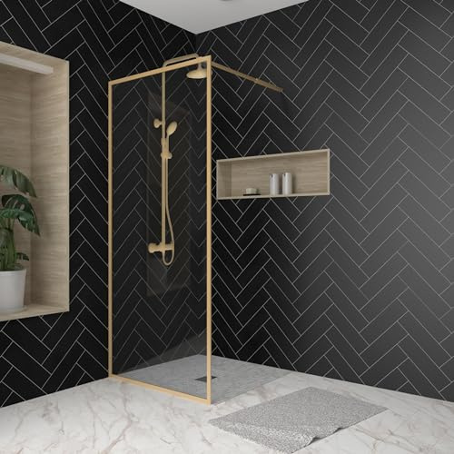 Marwell Walk In Dusche Golden Frame 200x90cm - Duschwand mit 6 mm Einscheibensicherheitsglas - mit ausziehbarem Haltearm - hochwertige Aluminiumrahmen in gebürsteter Optik