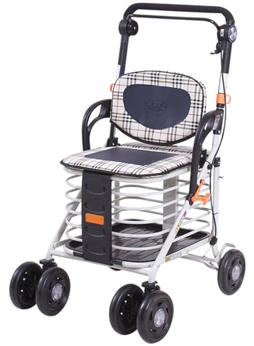 Adjustable Reinforce Safe Rollator Shopping Trolley Outdoor Rollator Walker with Seat,and Lever Brake,Height Adjustable,6-Wheels (Aluminum) (Steel)
