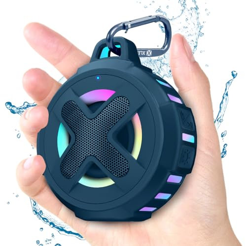 Xleader Kleiner tragbarer Bluetooth-Lautsprecher, zertifizierter IPX7 wasserdichter schwimmender Dusche-Pool-Strand-Lautsprecher mit Lichtern, Clip, Mikrofon, Bassup, Golf-Zubehör, Geschenke, Seeblau