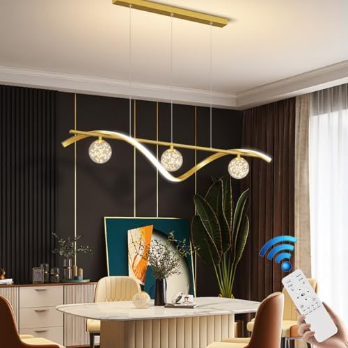 VTAMng Pendant Lamp modern dimmable metal Chandelier LED linear kitchen island lamp creative star shape 4 lamp glass lampshade restaurant office living room study room with remote control lighting(Gol