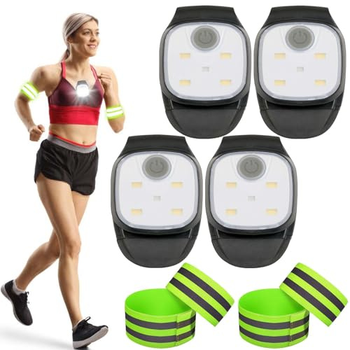 Set med 4 LED-klämlampor, med 2 par reflekterande armband, USB-uppladdningsbar, 4 belysningslägen, vattentät, för jogging, vandring, ryggsäck, camping