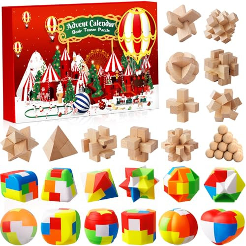 Adventskalender 2025 Knobelspiele für Kinder & Erwachsene-24 Tage von Weihnachtskalender Countdown mit Knobelei und 3D Holzk Knobel, Weihnachts Geschenke für Jungen, Mädchen Teenager