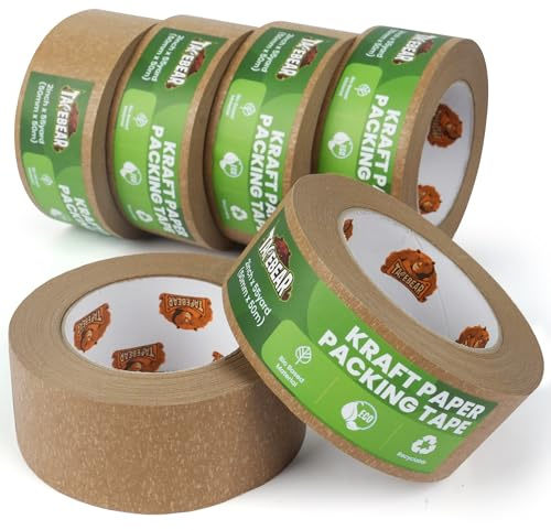 TAPEBEAR Papperstejp för förpackning 50 m x 50 mm, 6 rullar återvunnen tejp brun, miljövänlig självhäftande tejp för lådor, lådor och kartonger, flytt och frakt