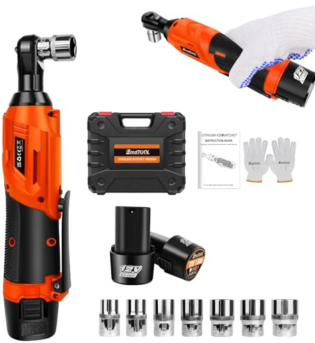 Juego de llaves de carraca inalámbricas, batería de 12 V, carraca eléctrica de 3/8 pulgadas, con 2 baterías y cargador, 40 Nm, juego de llaves de carraca con 7 enchufes, luz LED, bolsa de