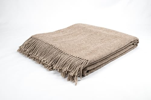 Drobė HOME Wolldecke aus 100% Reine Merinowolle, 140x200cm, Beige/Beige I Weicher, Einfarbige Decke aus Schurwolle mit Fischgrätenmuster und Fransen I Perfekt als Überwurf Sofadecke, Tagesdecke
