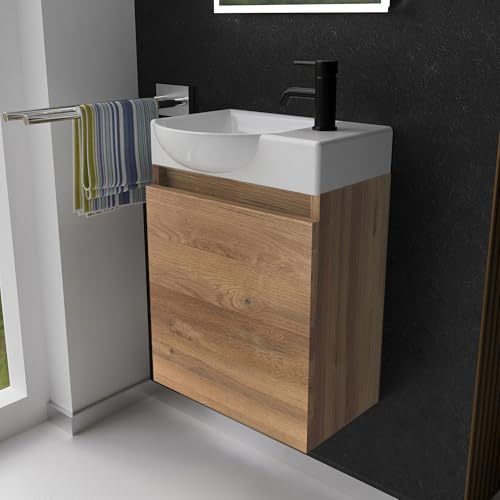 Alpenberger Waschbecken mit Unterschrank Gäste WC 45 cm hängend Bamboo | Kleiner Waschtisch mit Unterschrank: Keramik & MDF, wandhängend, Softclose Tür, mit Überlauf, für kleine Bäder, Links Becken
