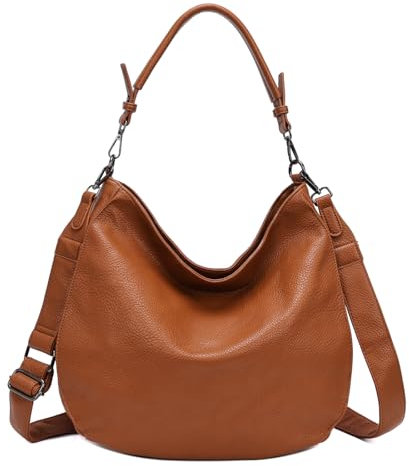 ITALYSHOP24 OBC Damen Tasche XXL Shopper Hobo Bag Schultertasche Crossbody Umhängetasche Beuteltasche Handtasche Crossover Leder Optik Cognac V1
