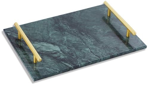 Rechteckig Serviertablett aus Marmor mit Griff, 30 x 20 x 4 cm Marmor Tablett, Vintage Verlobungstablett Deko Tablett, für Wohnzimmer, Küche und Badezimmer (Grün) ﻿