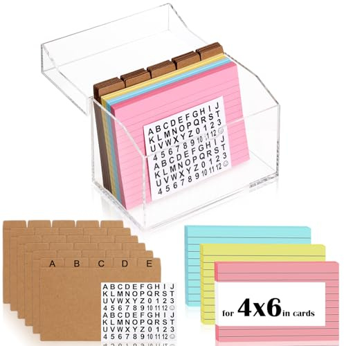 4x6 Inch Acrylic Index Card Box Index Card Holder Clear Flash Card Holder Recipe Card Holder Business Card Organizer 150 Index Cards 30 Kraft Dividers A to Z Stickers For Hold 400 Tab Letter Note
