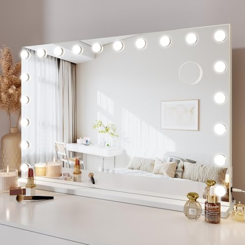 Dripex Hollywood Schminktischspiegel, Schminkspiegel mit 20 Lampen und 3 Farbtemperatur Licht, Kosmetikspiegel mit Touch Steuerung, 90 x 60 cm Weiß, Aufstellung oder Wandmontage
