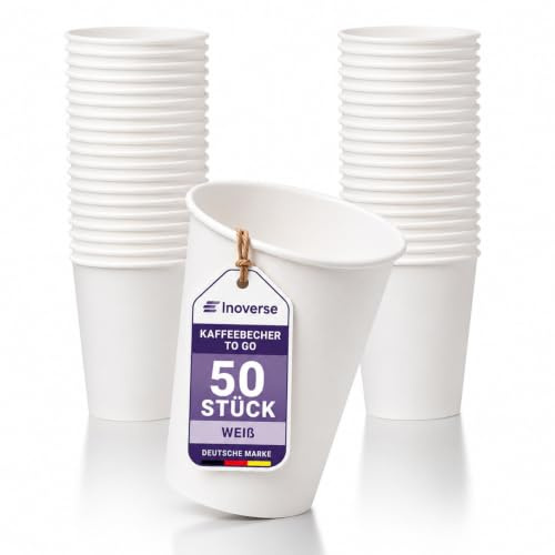 Inoverse Pappbecher 200 ml, 50 Stück, Weiß, Kaffeebecher to Go | 8 oz Papierbecher, Einwegbecher, Trinkbecher, Tee, Kaffee und weitere heiße oder kalte Getränke, für Büro, Catering und Kiosk