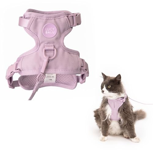 LucyBalu® Explorer Katzengeschirr mit Leine I Brustgeschirr-Set mit Fach für AirTag I gepolstert, atmungsaktiv & verstellbar I 1,5 m Katzenleine I Lilac M/L