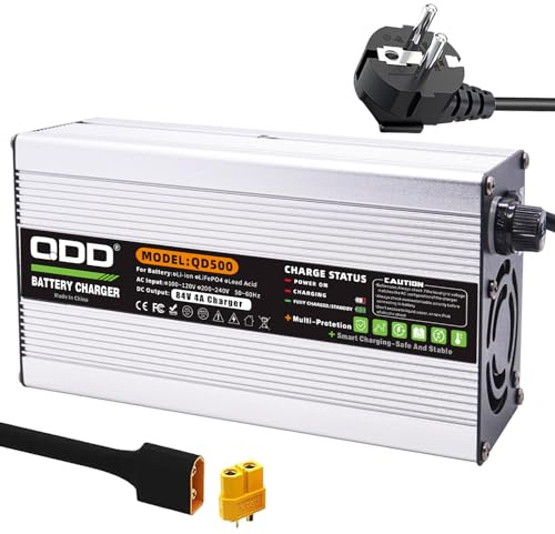 Chargeur au lithium 84 V 4 A avec ventilateur de refroidissement, boîtier en aluminium argenté, sûr et durable, utilisé pour batterie au lithium 20S 72V, chargeur intelligent, sortie CC, prise XT60