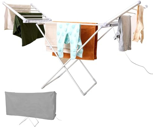 Rediffusion Heated Clothes Airer with Cover, Winged, 18 Heated Rails, 12m Hanging Space, 15kg Capacity, Indoor Airer, Energy Efficient, 149 x 93 x 54cm, Silver - REDH02C