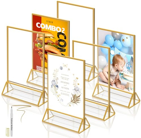 Futrue-Wolker Aufsteller A5 Goldene, 6 Stk. Tischkartenhalter A5 Acryl Tischnummern-Aufsteller für Hochzeit Tischdeko, Schicker Flyerständer Kartenständer Bilderrahmen für Kinderzeichnungen