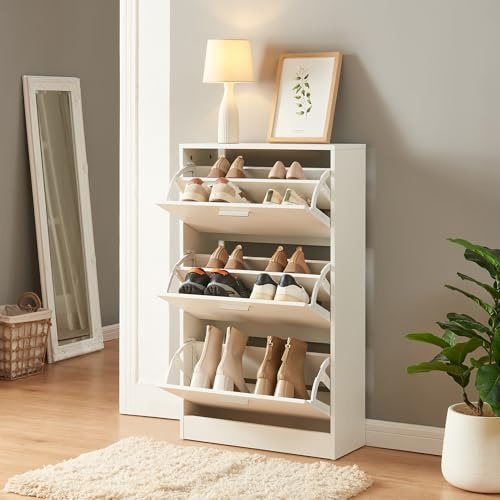 [en.casa] Schuhschrank Sykkylven Schuhkipper mit 3 Klappen Schuhkommode für 12 Paar Schuhe 103 x 60 x 24 cm Weiß