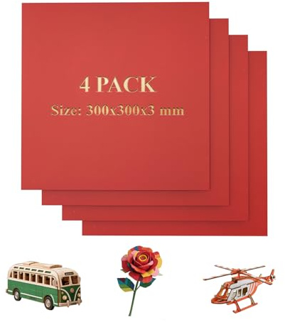 Uadme 3mm Coloured Plywood Sheets, 4 Pack 300x300mm Laser Engraving Materials, Pre-Colored Basswood Boards, Thin Wood Sheet, for Model Making, DIY Crafts, Wood Burning (Red)