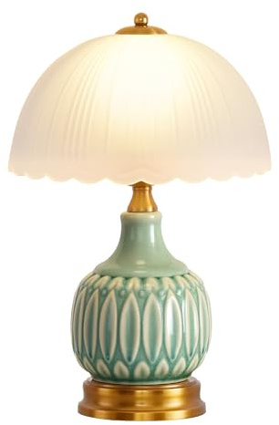 WELAISA Table Lamps Ceramic Retro Lamp for Living Room,15.7 Modern Bedside Nightstand Traditional Lamps, Classic Chinoiserie Green Glass Lamp for Home (Retro)