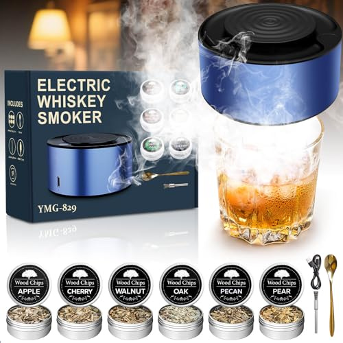 LGVOA Elektrischer Whisky Smoker Set mit 6 Holzchips, Wiederaufladbares Räucher-Set mit integriertem Anzünder, kein Butan nötig, Geschenkidee für Männer, Vater, Ehemann oder Freund, mit LED-Licht