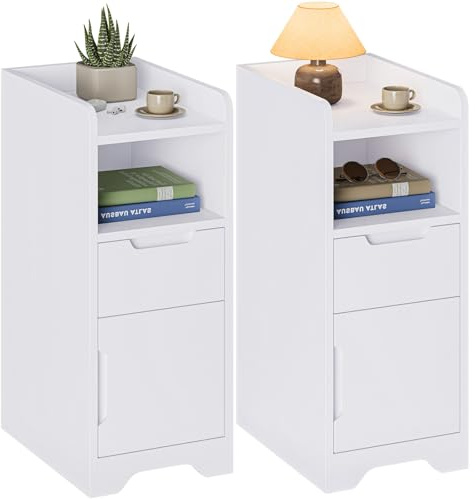 Brinlawb Nachttisch 2er Set, Nachttisch Schmal Nachtschrank 2er Set mit 1 offenen Fach, 1 Schublade und 1 Schrank mit Tür, Beistelltisch Schmal Sofatisch Nightstand für Schlafzimmer Wohnzimmer, Weiß