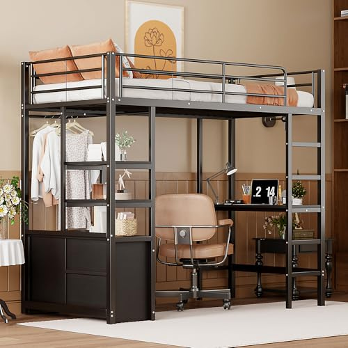Oxtao Kinderbett Hochbett 90x200, Etagenbett mit Schreibtisch, Steckdose&USB, Metallbett mit Kleiderschrank und Regale, Bettgestell mit Lattenrost für Kinder und Erwachsene (Schwarz, 90x200CM)