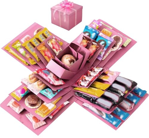Überraschung Box, 5-lagige Explosionsbox Geburtstag, Überraschungsbox Geburtstag, DIY Handgemachte Surprise Box für Valentinstagsgeschenke, Hochzeitstag Rosa