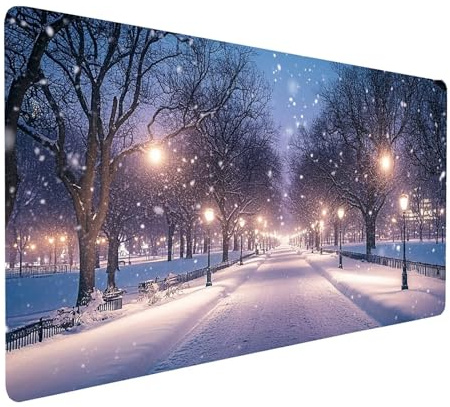 Tapis de Souris XXL 100x40x0.3 cm Imperméable Hiver Tapis de Bureau Gaming pour Clavier Souris sans Fil Ordinateur Portable, Mouse Pad Vue de la Rue Bords Surpiqués Base Antidérapante model-3308