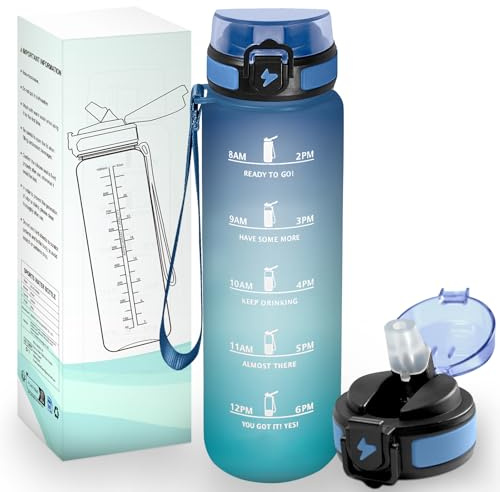 HoneyHolly Botella Agua 1 Litro, Libre de BPA & Reutilizable, Cantimplora, con Pajita, Gimnasio, Botella de Agua con Marcador de Tiempo, Cantimplora para Sport, Bicicleta, Gimnasio, Escuela