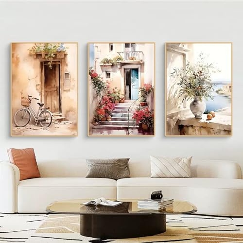 TROYSINC 3er Ästhetik Poster Set, Sommer Zitrone Olivenbaum Wandbilder Wohnzimmer, Vintage Mediterrane Landschaft Kunstdruck Leinwandbild Bilder für Schlafzimmer, Ohne Rahmen (50x70cm,A)