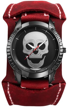 JewelryWe Montre Homme Cuir Halloween : Montre Bracelet Large Style Vintage Décor Crâne, Mouvement Quartz Analogique, Accessoire Tête de Mort Punk Biker et Cadeau Originale Anniversaire