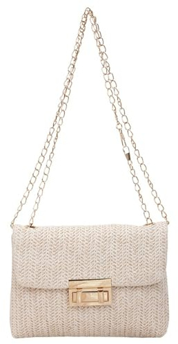 MLPKOI Grass Weaving Style Cross Body Bag Shoulder Bags with Chain, Womens Straw Weaving Shoulder Bag, Small Summer Beach Bags, with Chain Strap & Buckle Closure for Banquet Holiday Night Out Life