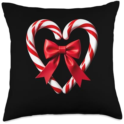 Candy Cane Heart Tshirt with Pom-Poms and Red Bow Fun Design Throw Pillow