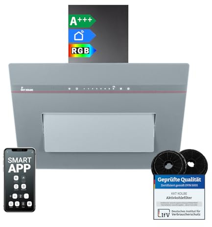 KKT KOLBE A+++ cappa aspirante 60 cm 782 cbm/h convezione aria di scarico senza testa | vetro grigio opaco | ricarica automatica | Smart WiFi App Wi-Fi | SensorTouch | Illuminazione LED RGBW |