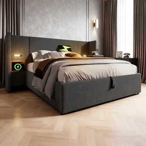 Polsterbett 160x200 cm mit Nachttisch & Leselampe - Grau Leinen mit USB-C, Stauraum & Massivholzlattenrost - Bettanlage ohne Matratze