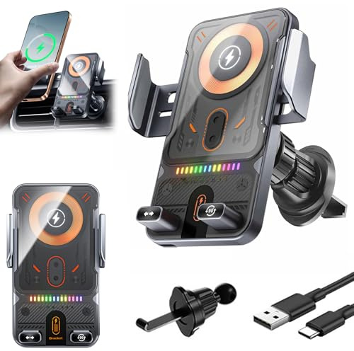Intelligenter 2-in-1-Autotelefonhalter mit automatischer Drehfunktion und kabellosem Ladegerät, 15W Qi Handyhalterung Auto mit Ladefunktion & RGB-Licht, Induktive Ladestation Auto für Handy (Silber)