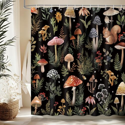 Dazzlewall Schwarze Pilze Vintage Wald Duschvorhang Bad Anti-Schimmel | Dunkler Naturlook für moderne Räume, wasserabweisend, schnelltrocknend, waschbar, inkl. 12 Haken, für Dusche, Wanne & WC