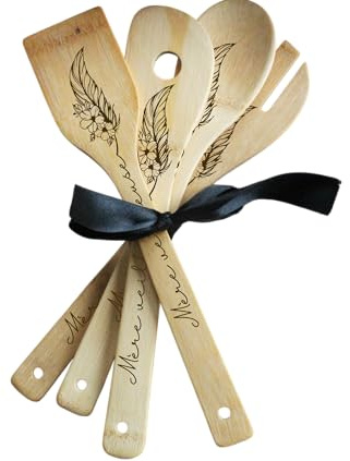 Set de 4 Cuillères en Bois Personnalisées Gravées – Mère veilleuse plume et fleurs
