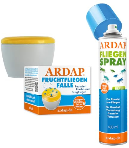 ARDAP Fliegen Set: ARDAP Fruchtfliegenfalle + Fliegenspray 400ml - Bestes Mittel gegen Fliegen, Obstfliegenfalle zur Reduktion von Fruchtfliegen & Essigfliegen, Fliegenspray Wohnung (PT19)