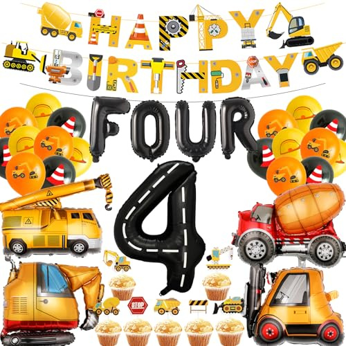 Bagger Geburtstag Deko 4 Jahre - 35 Stück Happy Birthday Banner Construction Vehicles Folienballons Cupcake Topper Digger Luftballons Set für Kindergeburtstag Junge Baustelle Party Dekoration