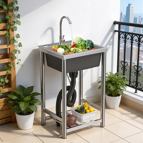 Freestanding Stainless Steel Utility Sink with 360° Swivel Tap, Single Bowl Kitchen Sink with Drain Basket, Outdoor Garden Laundry Sink for Kitchen, Restaurant, Utility Room & Patio